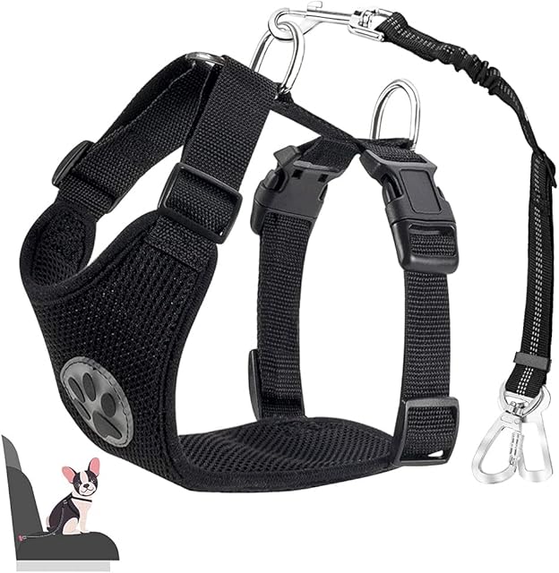 Eyein Dog Car Harness and Seatbelt Set, Adjustable Elastic Puppy Safety Seat belt & Breathable Padded Vest for Trip, New 2 in 1 Attachment Design for Seat Buckle / Latch Bar / Vehicle Trunk