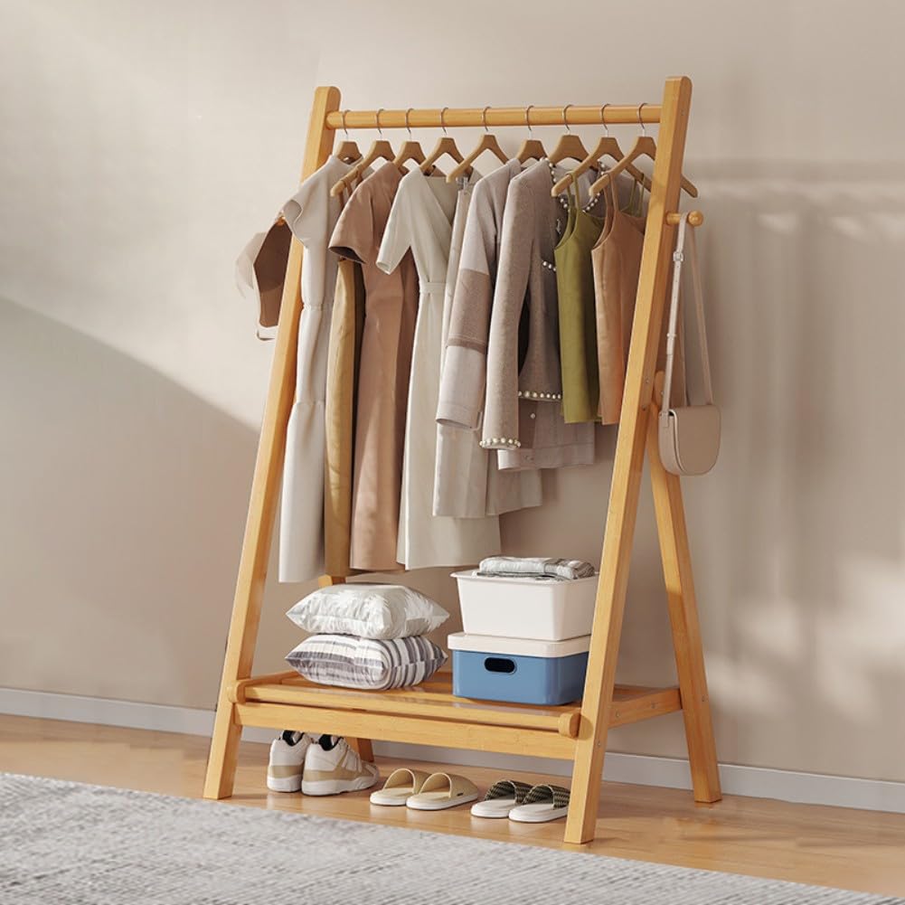 DODOBD Foldable Wooden Clothes Rail - Hanging Rail for Clothes with Bottom Shelves for Storage,Sturdy Garment Rack,Coat Stand for Corridor Living Room Bedroom Hallway, L : 60/80/100/120cm