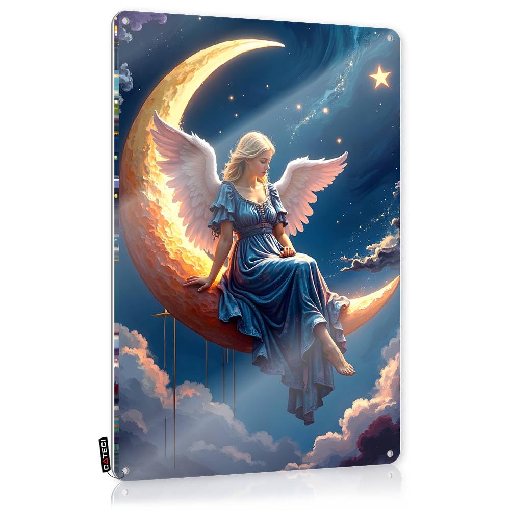 Fzfn Colour Nostalgic Retro Wall Art, Backyard Decor Soft Bath Angel Resting On The Crescent Moon In A Starlit Sky | Farmhouse Entryway Decor(20X30cm)