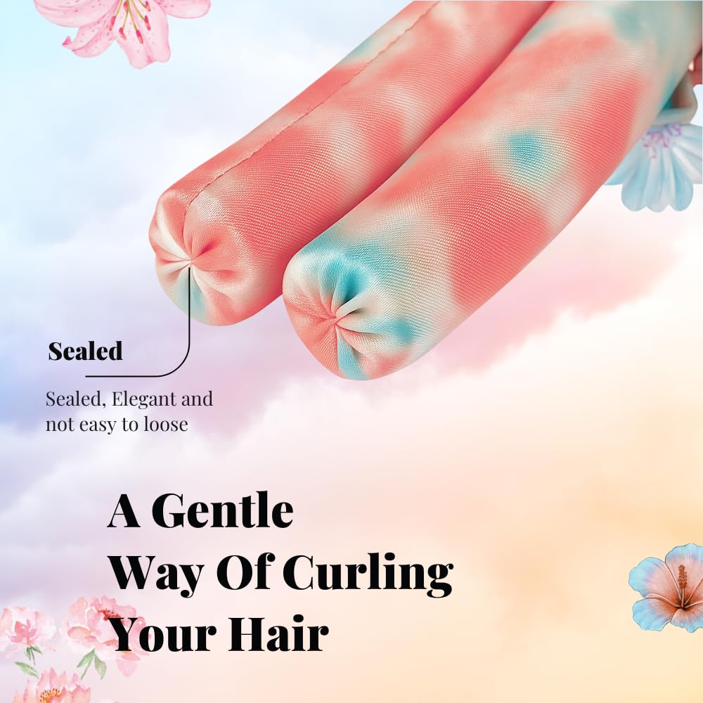 Heatless Hair Curler | 5PC No Heat Curling Rod Headband | With Satin Bonnet, Curler, 2 Scrunchies & Claw Clip Set | Curl Kit for Women & Girls (Cotton Candy, Medium)