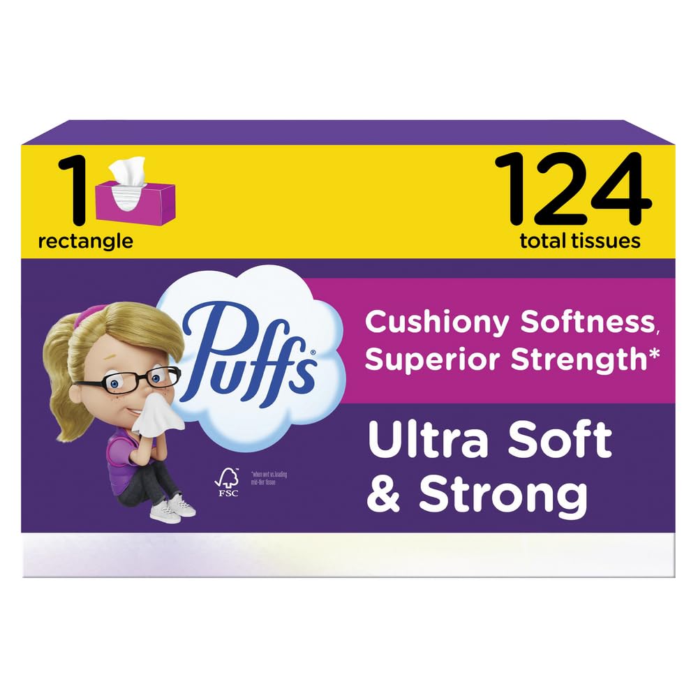 Puffs Facial Tissues Ultra Soft, 1 Rectangle Box, 124 Facial Tissues per Box, Allergies and Colds (Packaging May Vary)