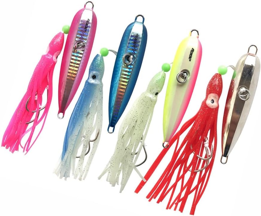 Inchiku Slow Pitching Jigging Lures Glow Saltwater Vertical Fishing Jigs Head Octopus Skirt Jigging Marlin Fish Lures Assist Double Hooks 100g 120g 150g 200g 250g