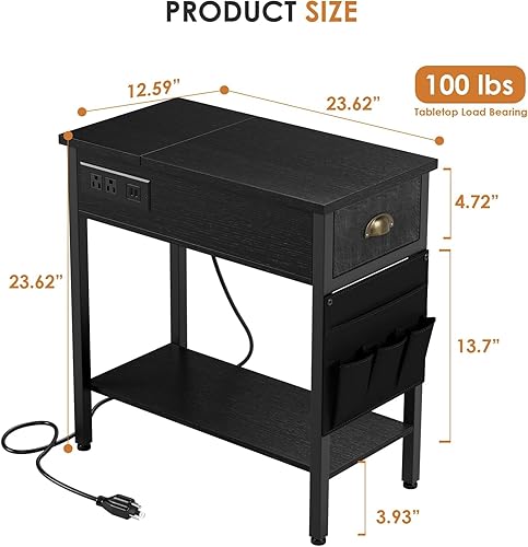 Miniatura 3 de Juego de 2 mesas auxiliares, mesa auxiliar con estación de carga y puertos USB, mesita de noche de 2 niveles con almacenamiento, mesita de noche