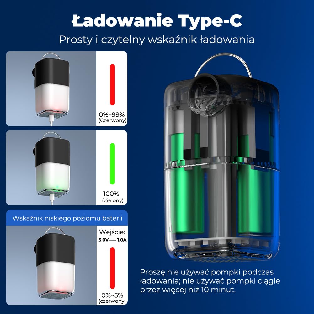 Przenośna pompka elektryczna 4000 kPa do nadmuchiwanego materaca, elektryczna pompa powietrza 3000 mAh z lampą kempingową, może nadmuchiwać i nadmuchiwać, czarna