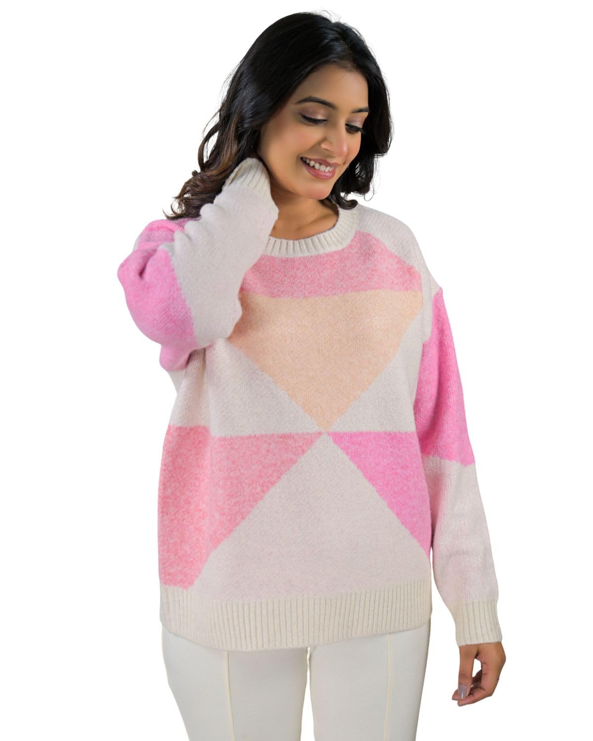 soul armor Womens Abstract Geometric Design Round Neck Knit Pullover Top with Long Sleeves-picture-29
