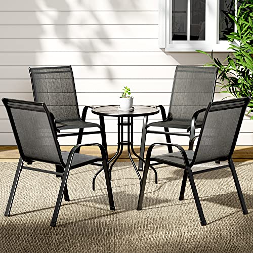 Gardeon Outdoor Table and Chairs Stackable Dining Chair, Bistro Set Garden Furniture Patio Deck Backyard Coffee Table, Steel Textilene Fabric Glass Top Black of 4