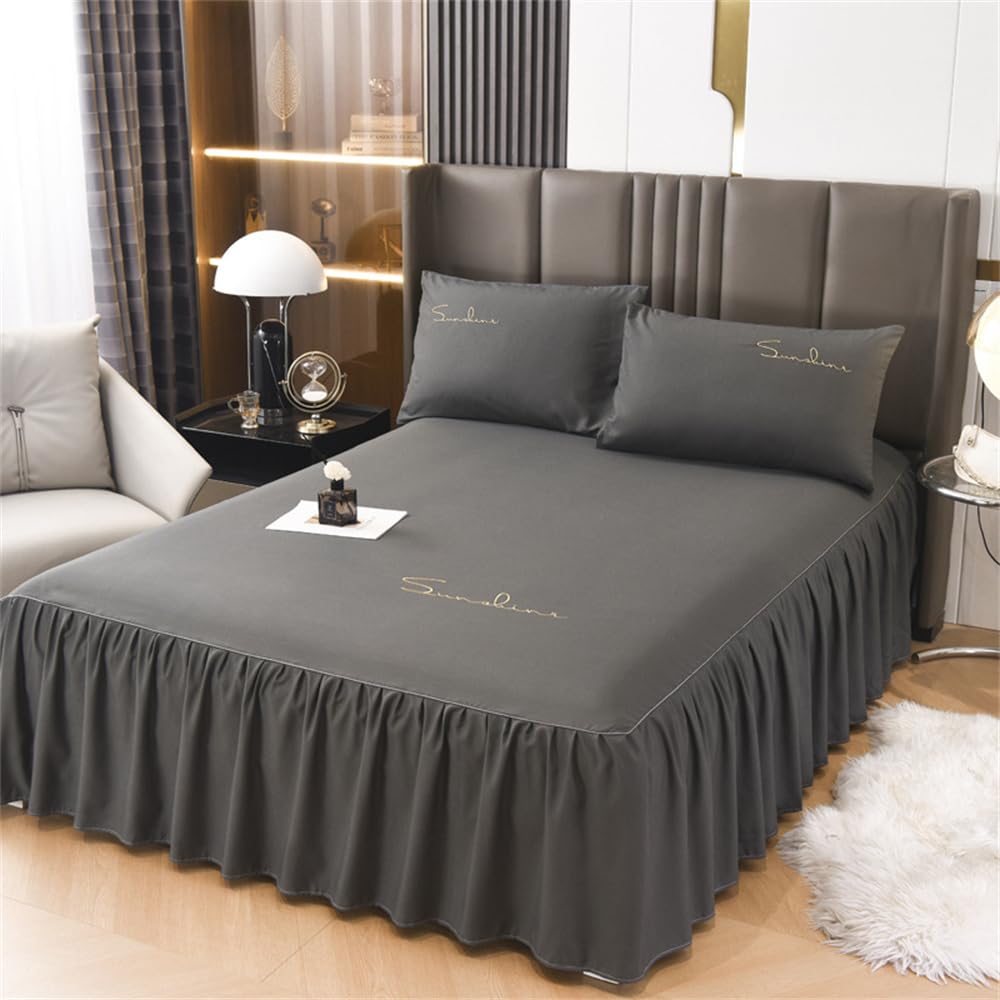 Morbuy Gonna da Letto per Matrimoniale e Una Piazza e Mezza Elasticizzata Copriletto con Volant Coprirete per Letto Lenzuola con 2 Federe (200cmx220cm,Grigio Scuro)