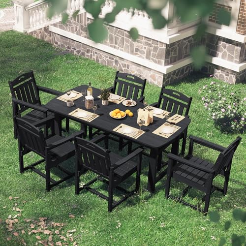 Image of Outdoor Rectangle Dining Table, Heavy-Duty HDPE Table for 6, Weatherproof Patio Table with Umbrella Hole, Rounded Corners for Safety, Black