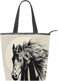 Borsa a secchiello da donna in tela con disegno di un cavallo, colore nero, per ragazze, per scuola, viaggi, palestra, uso quotidiano