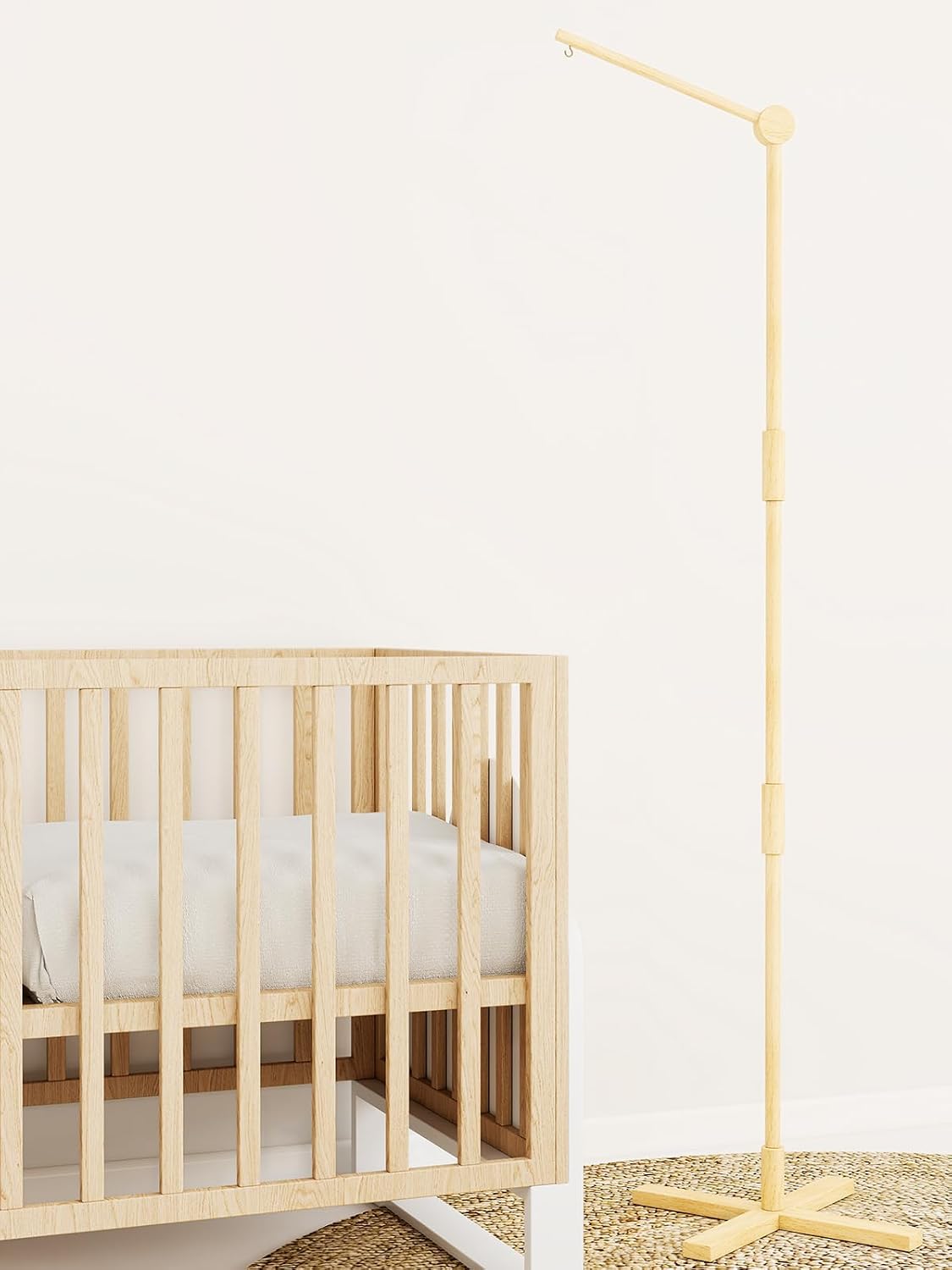 Crib Mobile Arm Wooden Floor Standing - 61 Inches Mobile Arm for Crib|Movable Baby Mobile Hanger|Strong Anti-Dumping Attachment|Natural EU Beech Wood|Thicker Pole|Boho Nursery Decor