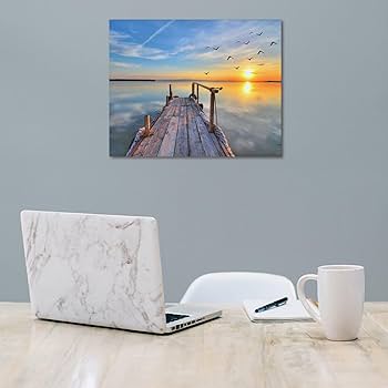 Amazon.co.jp: 絵画 夕暮れ時の鳥のいる湖の桟橋インテリア 絵画