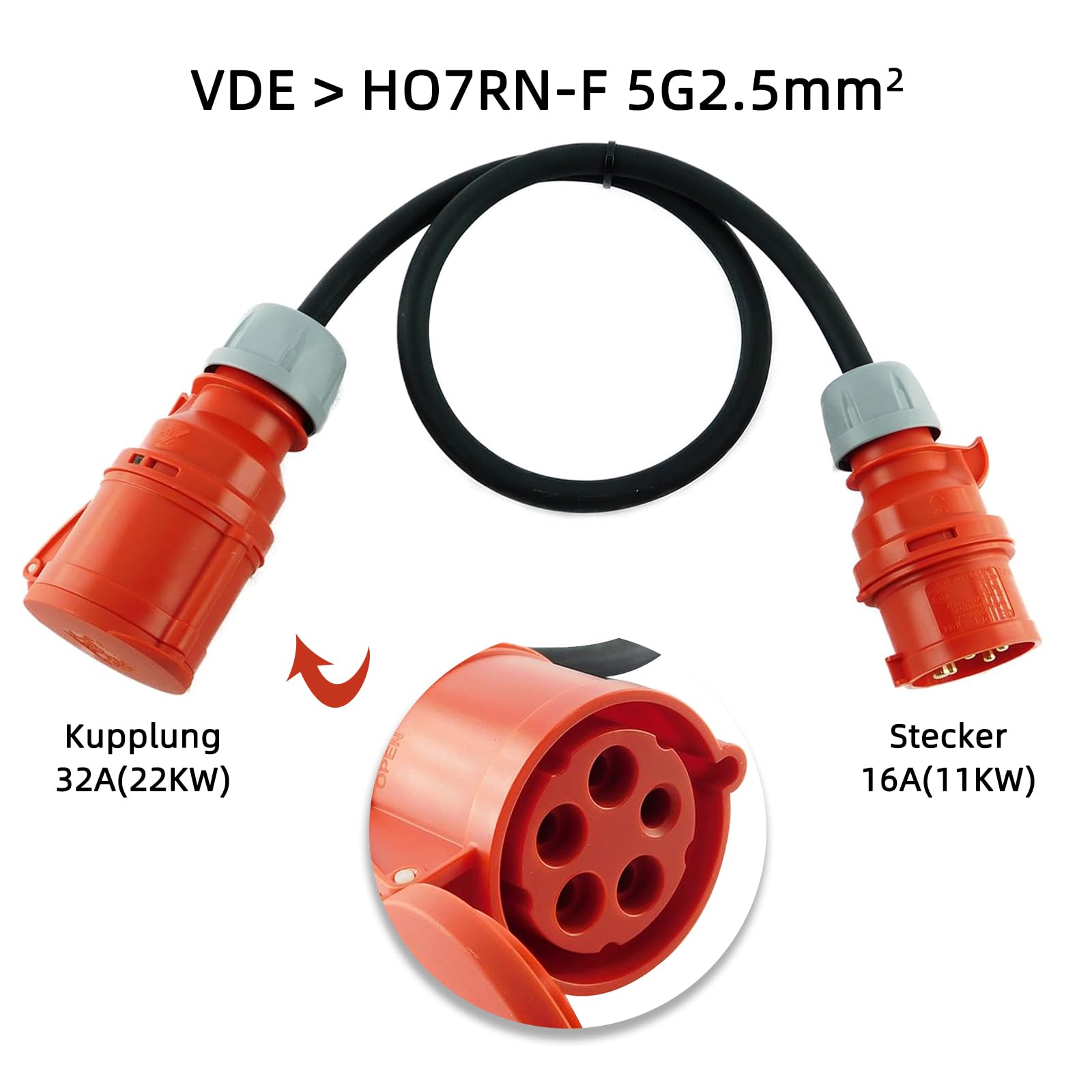 CEE Adapter 16A Stecker auf 32A Kupplung, 5-polig, 380-415V, H07RN-F 5x2,5mm² Kabel, Schuko Kupplung IP44 (5x2,5 mm²)