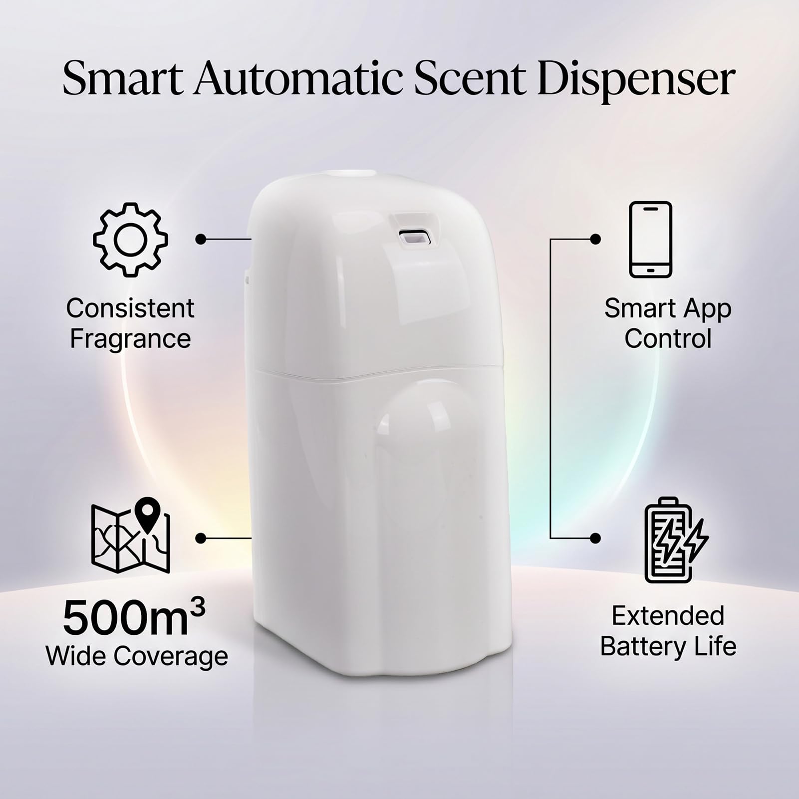 Diffusore di Aromaterapia a Parete, 500 Metri Cubi | BT, Plastica, 200 Ml, 2 W a Basso Consumo, Presa USB o Funzionamento a Batteria, Timer di Ciclo Intelligente Grandi Stanze