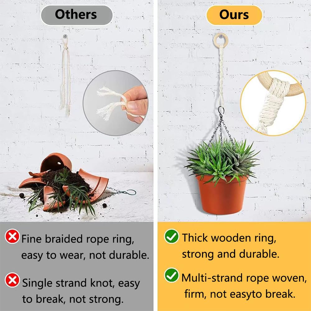 Lot de 12 cordes de suspension en macramé pour pot de fleurs, décoration bohème avec anneaux en bois naturel pour extérieur, intérieur, balcon, jardin, maison