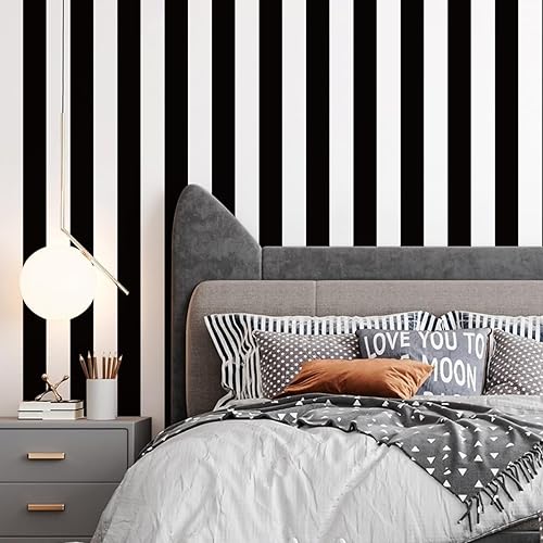Miniatura 8 de Jeweluck Papel tapiz adhesivo moderno de 17.7 x 118.1 pulgadas, diseño de rayas en blanco y negro, extraíble, autoadhesivo, para dormitorio, vinilo