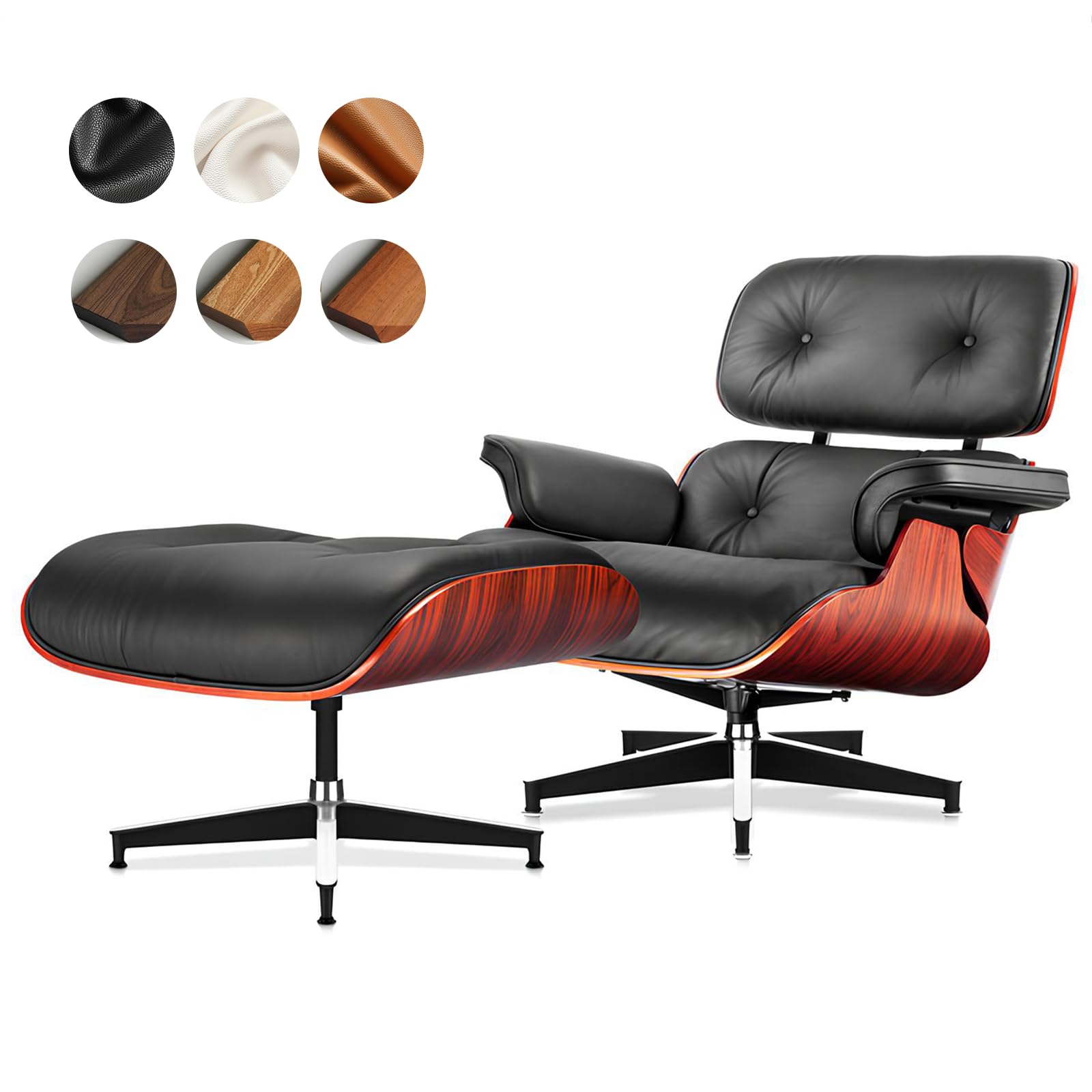 Top Black Grain Leather, Mid Century Chaise Lounge Chair and Ottoman, Modern Chair Classic Design, Heavy Duty Base Support for Living Room Study Lounge Office, Darkrosewood, Heightening