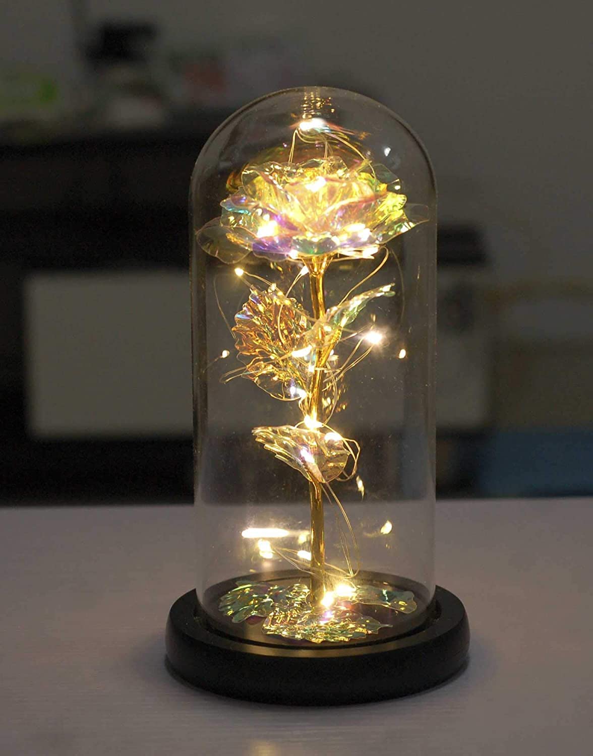 Beauty and the Beast Forever Enchanted Rose Glass Dome 24K Gold Foil Flower with LED Lights, Romantic Gift for Girlfriend, Valentine, Christmas (Gold)-image-2