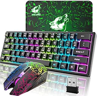 Wireless Gaming Keyboard and Mouse Combo,61 Key Rainbow Backlit Keyboard with Rechargeable 4000mAh,Mechanical Feel,Ergonomic,Quiet,RGB Mute Mice and Mousepad for PS4,Xbox One,Desktop,PC