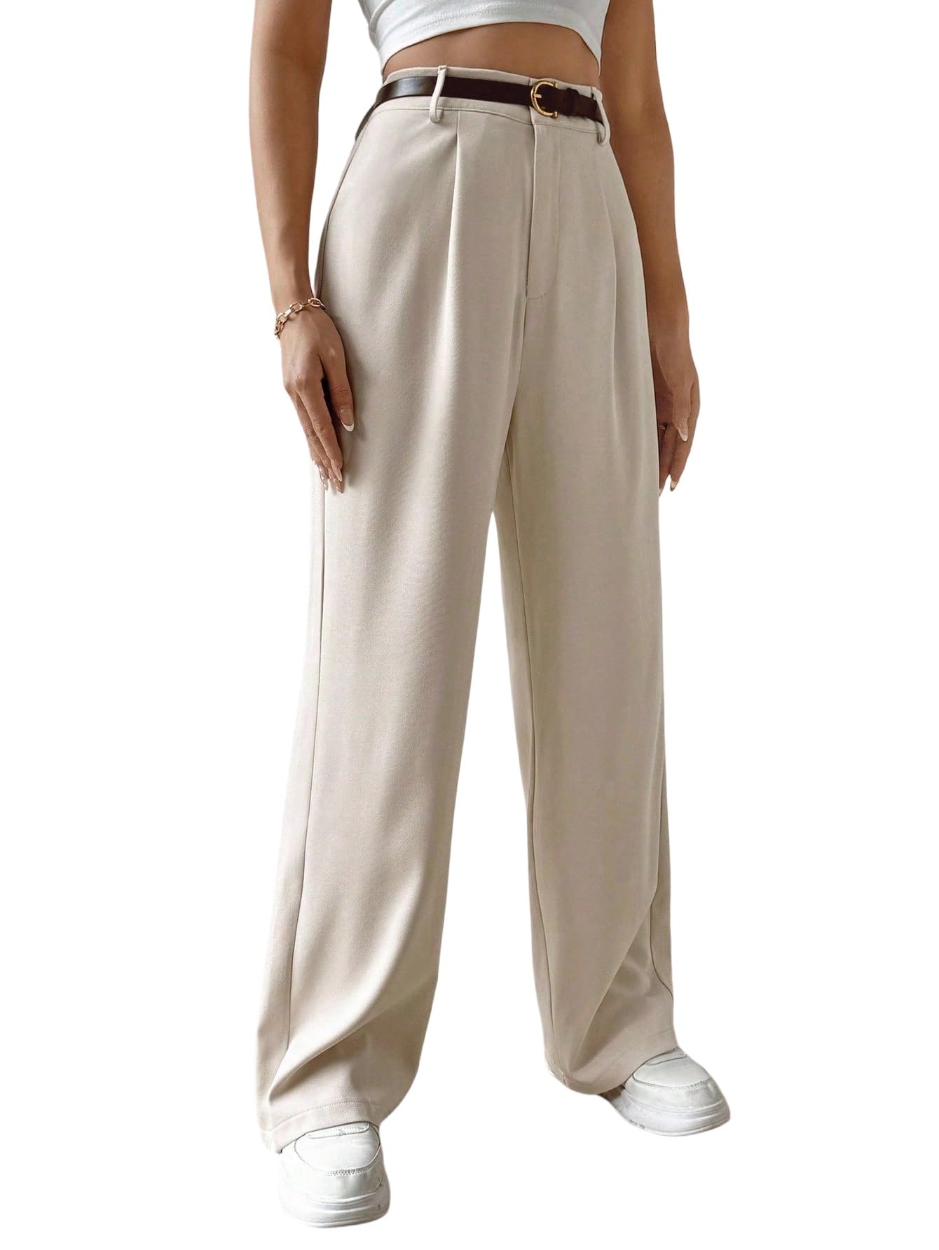SOLY HUX Stoffhose Damen Elegant Marlenehose Anzughose Mit Gürtel Wide Leg Damenhose Mit Gummizug Bundfaltenhose Stretch Freizeithose