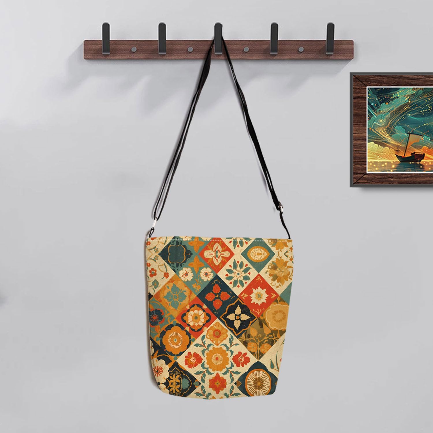 Floral Kaleidoscope Print Canvas Crossbody Bag, Adjustable Strap Lightweight Purse with Top Zipper & Inner Pocket, Daily Shoulder Bag Gift for Women -1 - Image 6