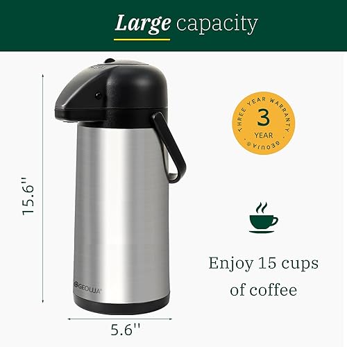 Miniatura 9 de Airpot - Jarra de café para mantener el calor, dispensador de café grande de 102 onzas3 litros con bomba, termo de acero inoxidable aislado para