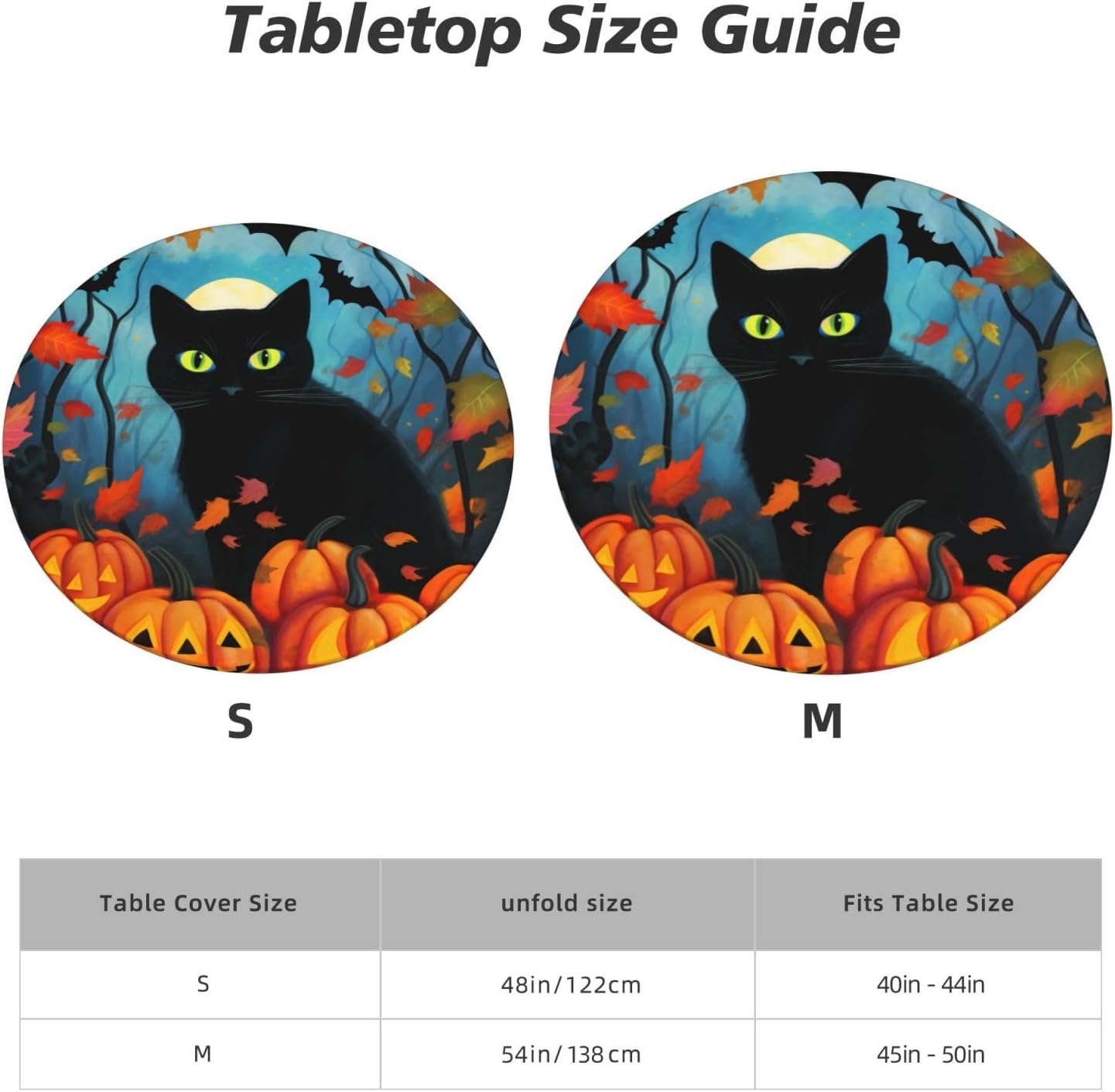 Black Cat Halloween Pumpkin Autumn Round Tablecloth (54"-for 45"-50" Table), Fitted TableCloths with Elastic Edge for Outdoor, Dining Table Cover for Party Family Gathering
