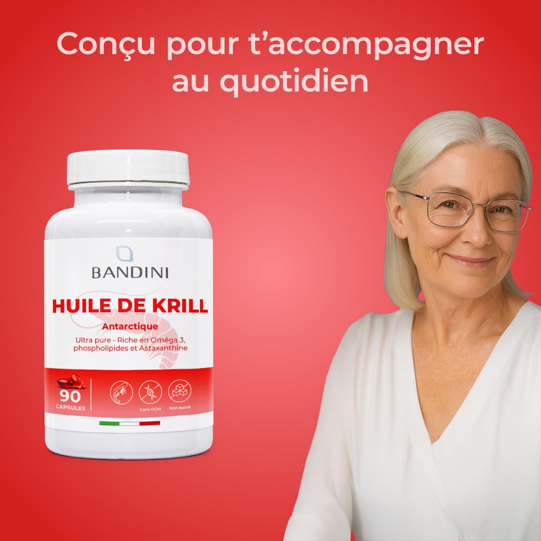 Bandini® Huile de Krill Pure d' Antarctique 3000mg Oméga 3 | 465 mg DHA et EPA, 1200 mg Phospholipides Marins, Source de Astaxanthine, Acides Gras Essentiels Omega-3 | Idéal pour le coeur - 90 gélules
