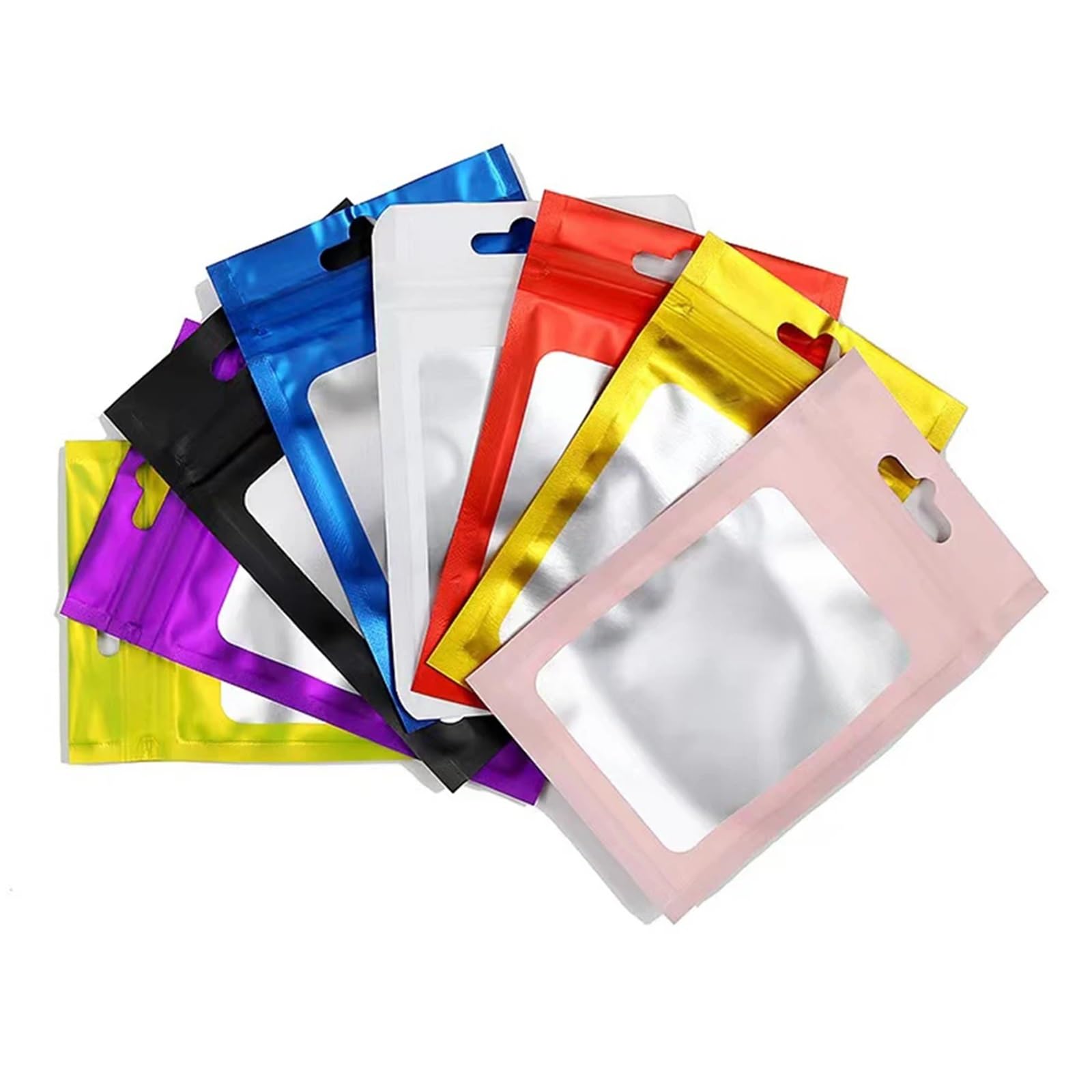 Sacchetti Ziplock, 100 pezzi Zip Lock Sacchetto di alluminio colorato con foro for appendere Finestra trasparente opaca Chiusura lampo autoadesiva Tacca a strappo Confezione alimentare riutilizzabile(