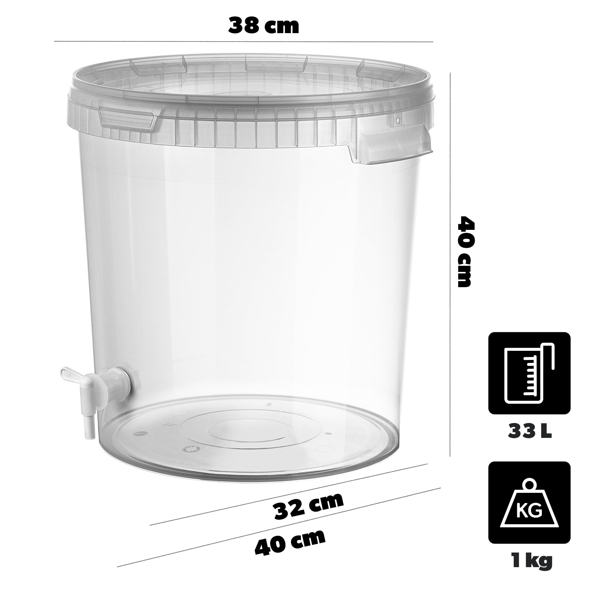 KADAX Set di secchi per fermentazione 33L con rubinetto di scarico, contenitori per fermentazione in plastica con rubinetto di scarico per la produzione di vino, rubinetto di scarico con guarnizione e
