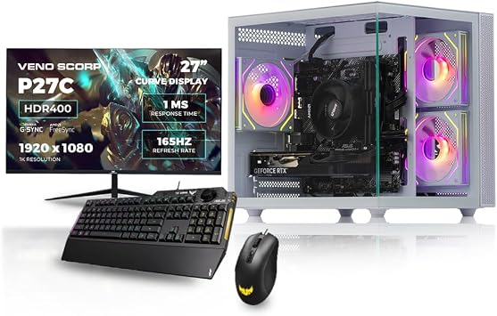 Gaming PC 27" 165Hz Bundle AMD Ryzen 7 5700X Processor Nvidia RTX 3050 6GB Graphics Card - 16GB 3200MHz Ram - 1TB NVMe SSD - 550W PSU - Windows 11 - WiFi - Mini Nem 3 white - Asus TUF K1 & M3