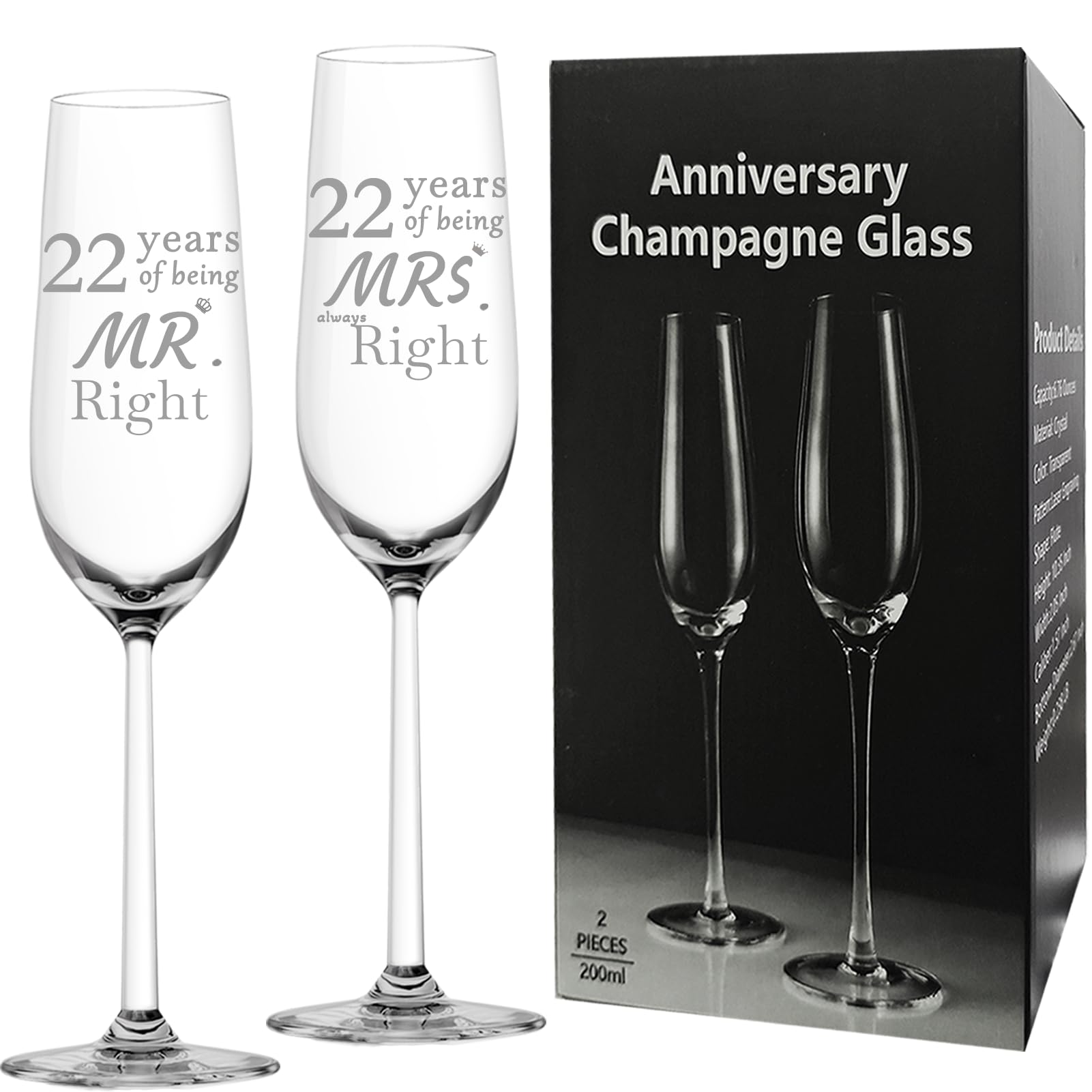 22 Year Anniversary Champagne Flutes Set of 2