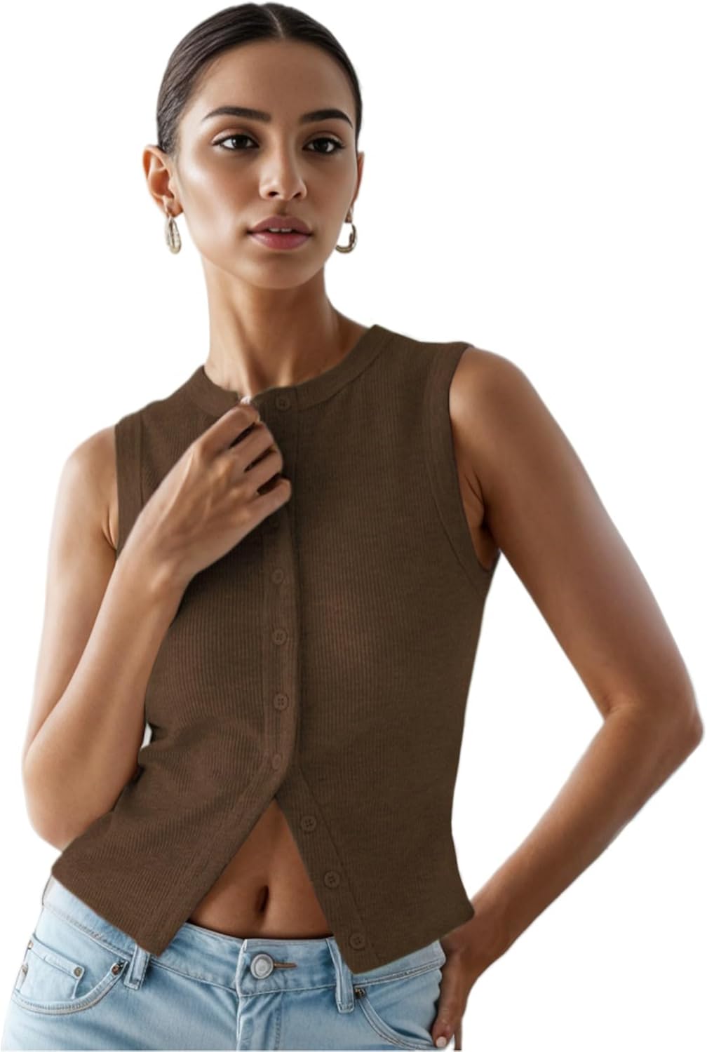 Women’s Button Down Tank Tops Ribbed Summer Vest Button Up Open Front Sleeveless Slim Fit Crop Going Out Tops