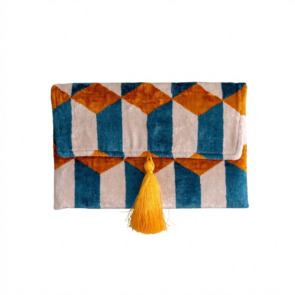 Pochette Ikat in velluto di seta fatta a mano, stile busta, design bohémien, motivo etnico, opzione cinturino a catena, pochette per feste serali, borsa premium, bianco sporco, turchese, oro