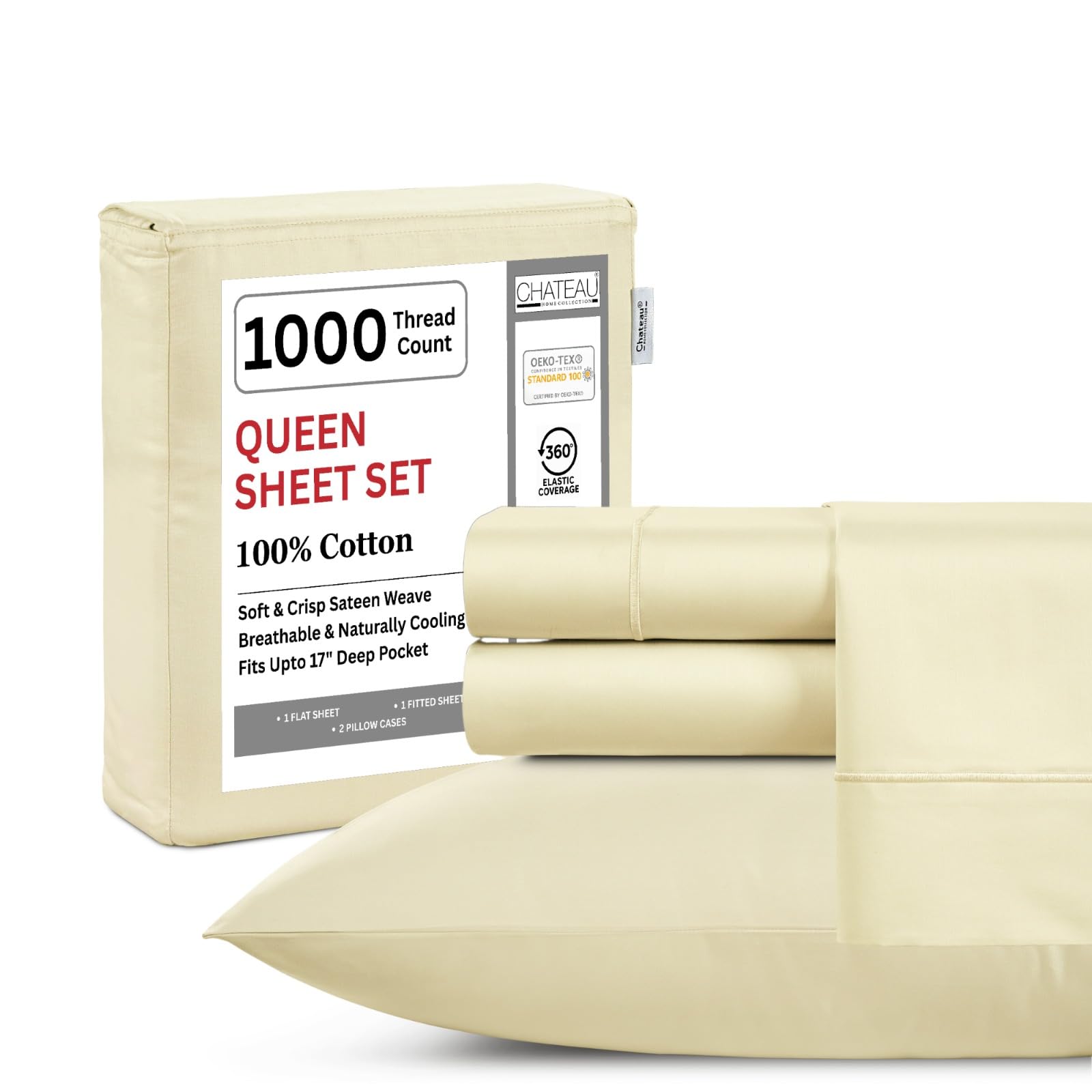 Certified 100 Cotton Bed Sheets Queen Size - 1000 Thread Count Queen Size Bed Sheets Luxury Breathable Hotel