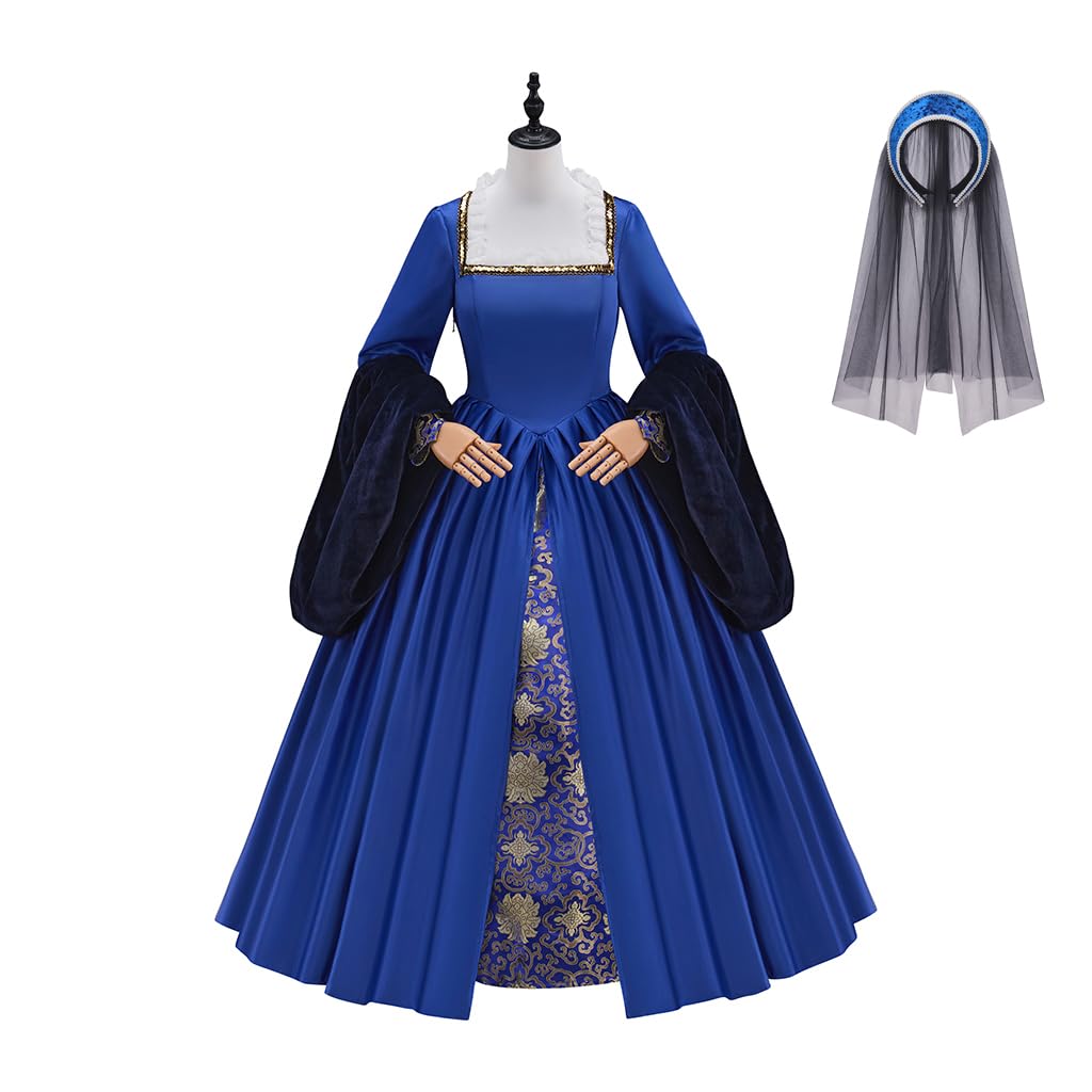 Tudor Queen Anne Boleyn Costume Dress Renaissance Elizabethan Tudor Costume Women Ball Gown with Headpiece (Blue, XL)
