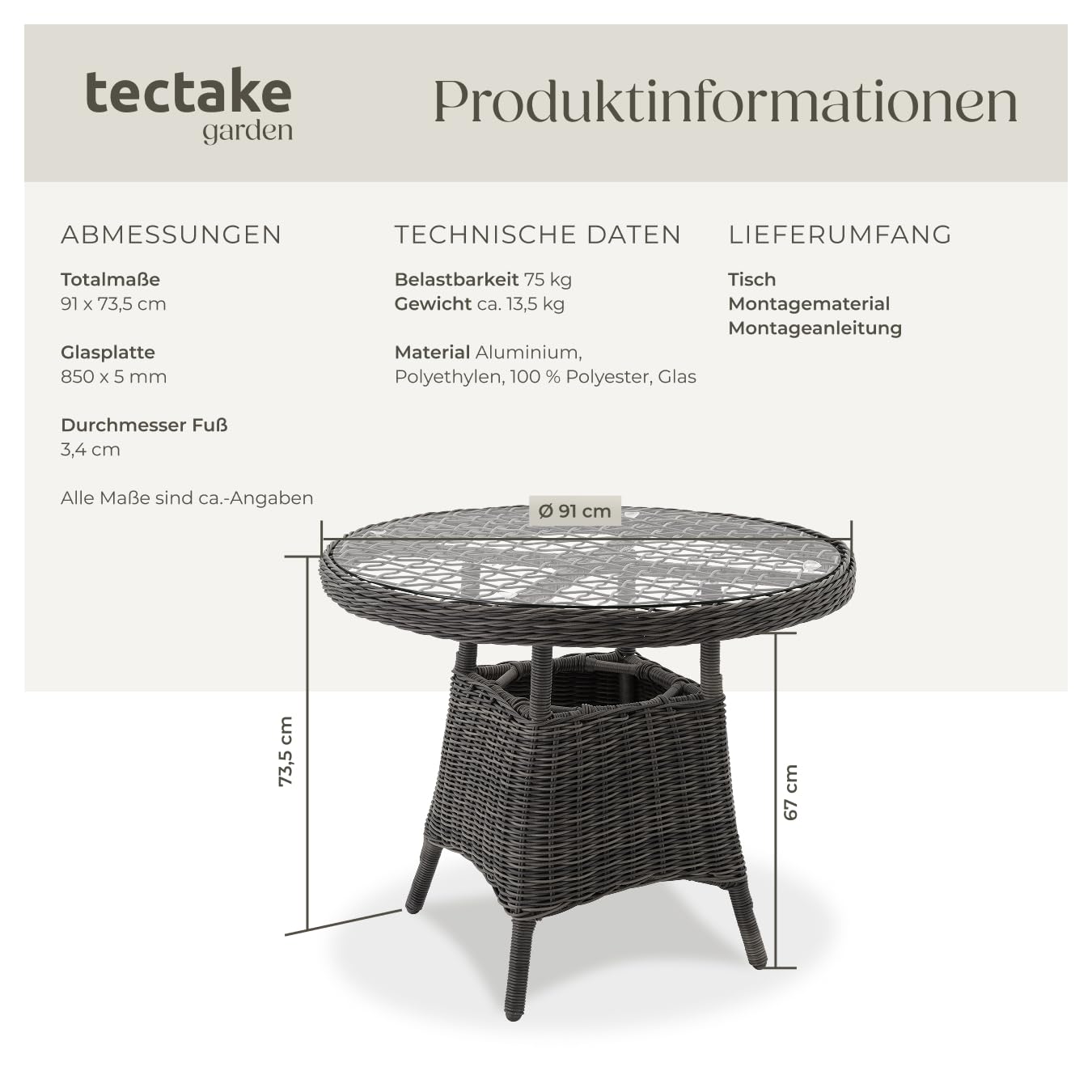 tectake 800817 Alu Gartentisch mit hochwertigem Polyrattan Geflecht, Tischplatte aus Sicherheitsglas, Outdoor Beistelltisch für Garten, Terrasse und Balkon, rund (Grau | Nr. 403680)
