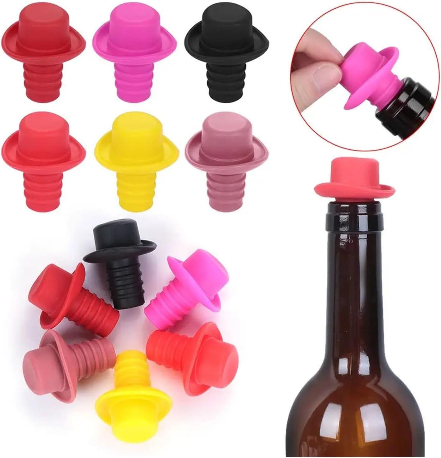 Silicone Wine Stopper Cork Bottle Caps Small Hat Fresh Beer Bottle Stopper Closures Bar Home Kitchen Tools(Wine red)