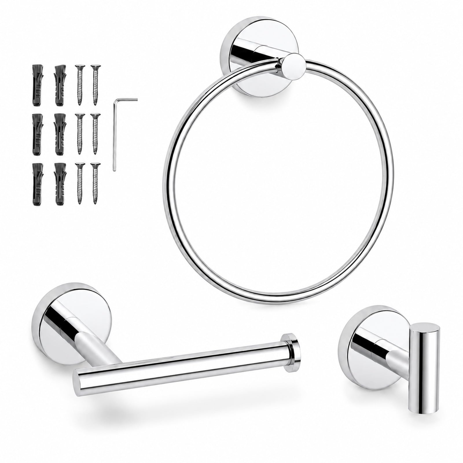 Bathroom Accessories Set, Towel Ring Toilet Roll Holder & Robe Hook, Wall Mounted Bathroom Hardware Set in Polished Chrome