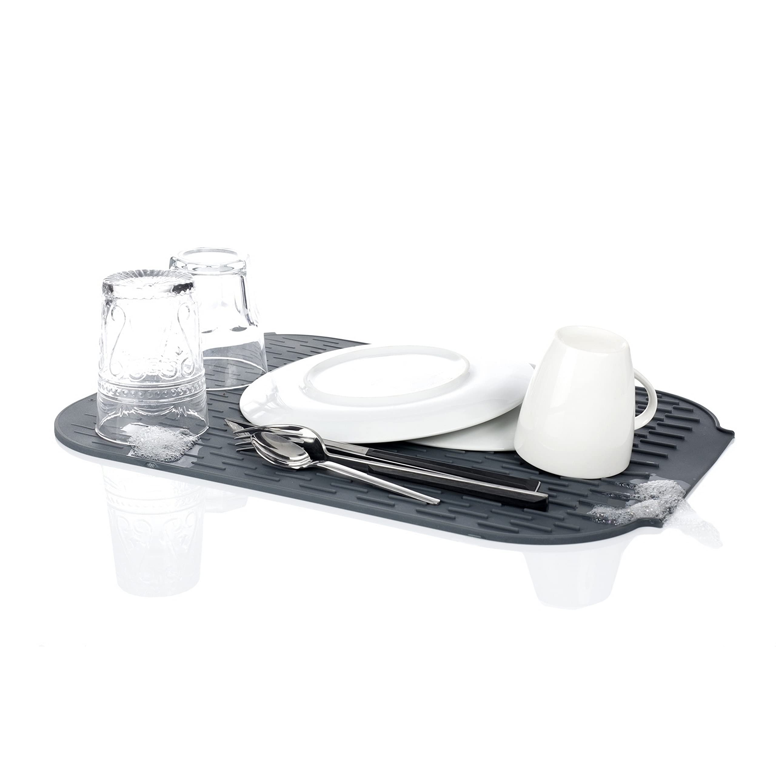 Dish Drainer – Roll-Up Mat for Tableware, Cutlery and Glasses – 39 x 27 x 0.5 cm – Rengo Collection – Silicone – Non-Slip – Grey