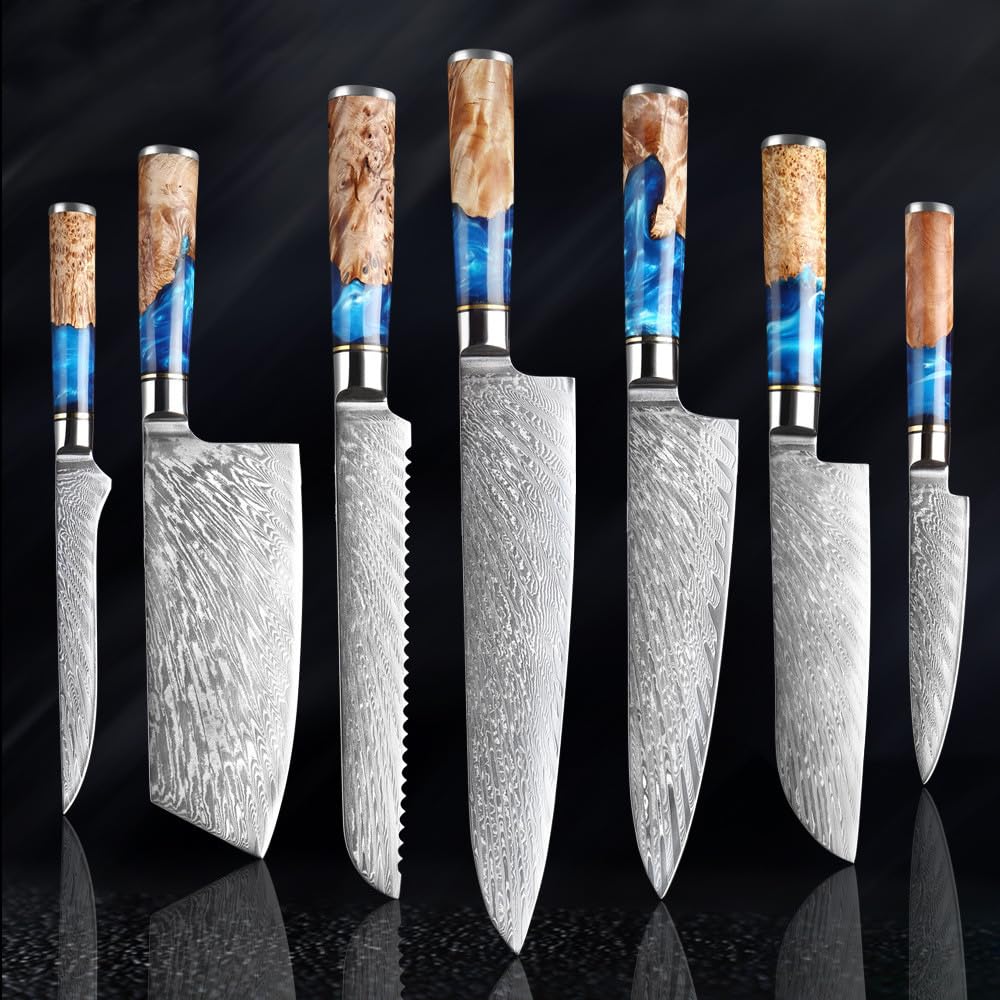Damascus Kitchen Knife Set 7-Piece Professional Knives for Chefs V-Gold-10 Steel Kitchen Utensils Set with Wood Resin Handle
