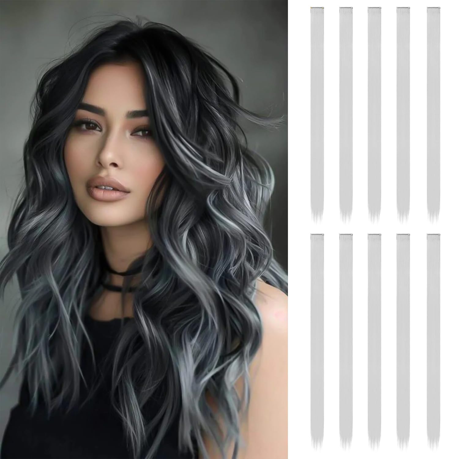 10 Pcs Hair Extensions, Silver-gray, 22 inches