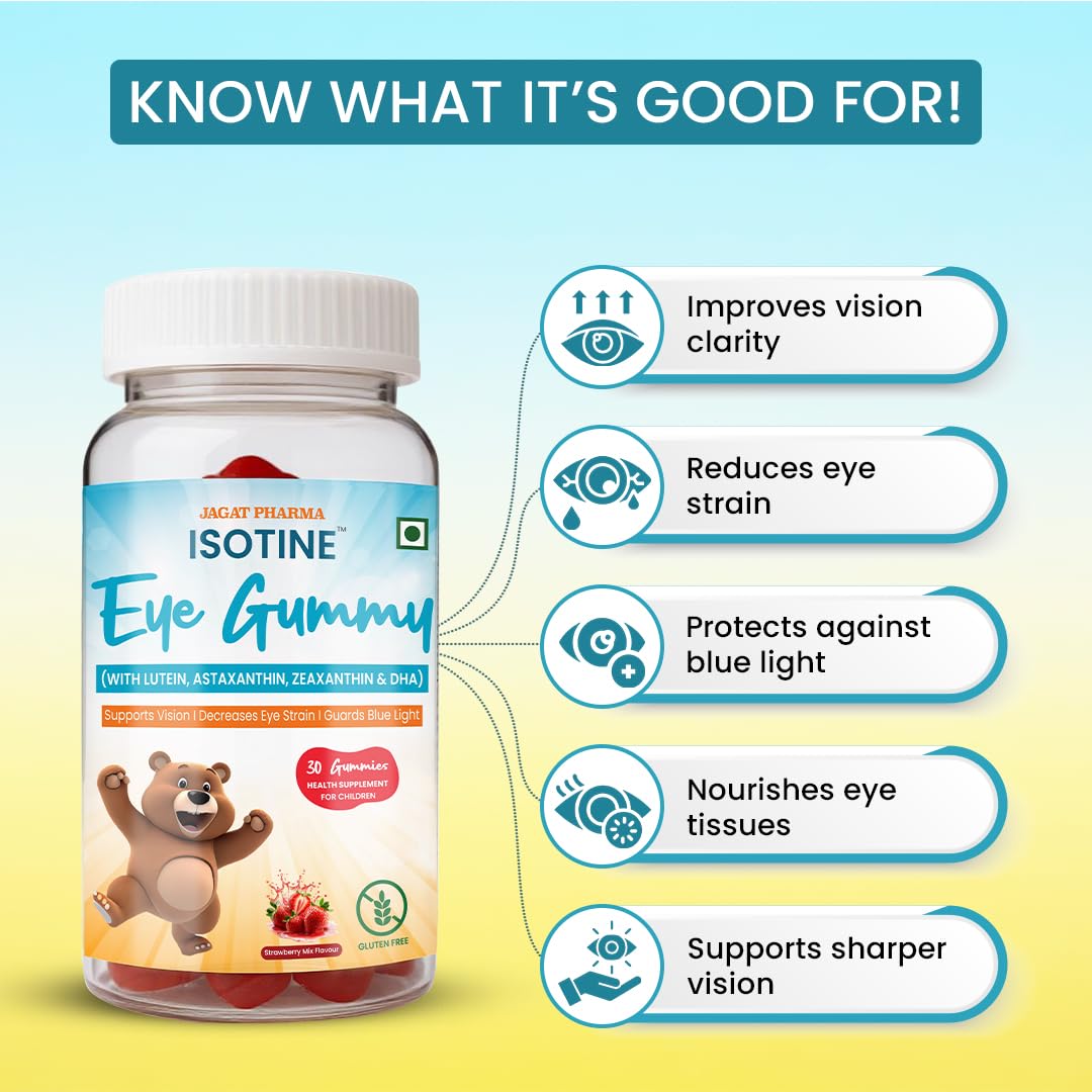 Isotine Eye Gummy for Kids | Daily Eye Nutrition with Lutein, Zeaxanthin, Astaxanthin & Omega | Supports Visual Comfort from Screen Use | Kids-Friendly Formula | Strawberry Flavour | Gluten Free - Image 3 thumbnail
