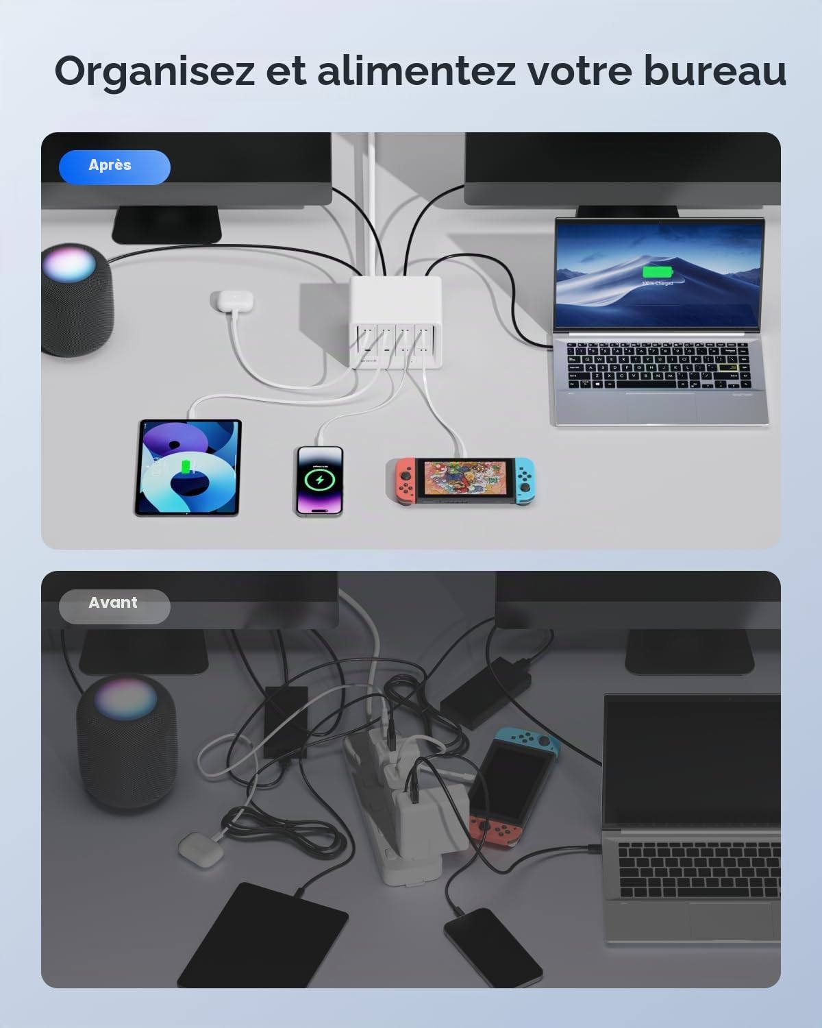 Gitryin Station de chargement de bureau 12 en 1 avec 4 chargeurs muraux rétractables, multiprise USB-C 40W avec 4 AC, 4 USB C, 4 câbles Type-C de 85 cm, rallonge avec protection contre les surtensions
