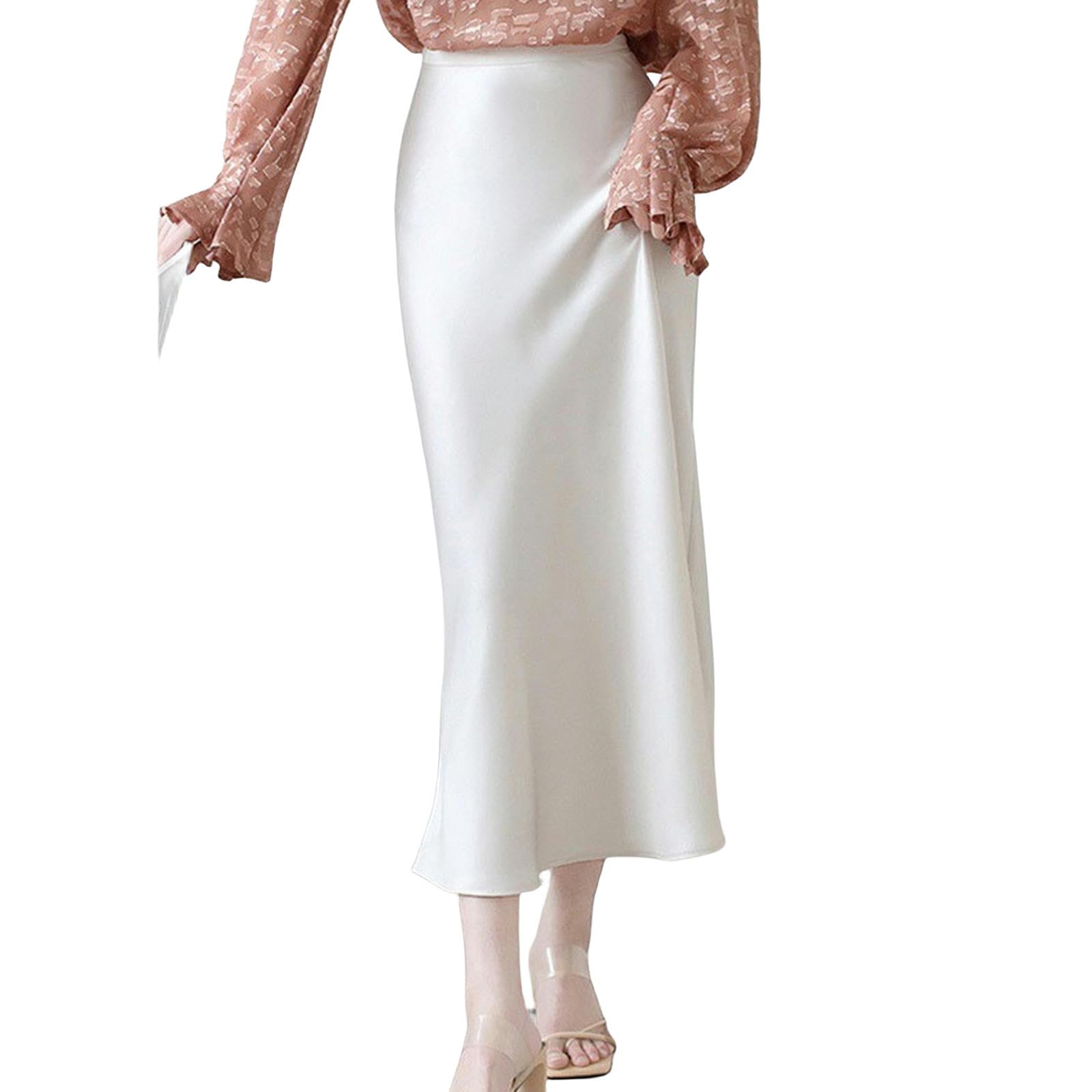 TEidea Satynowa spódnica damska, satynowa spódnica, elegancka, średniej długości, prosta biała spódnica, do biura, dla kobiet, wysoka talia, linia A