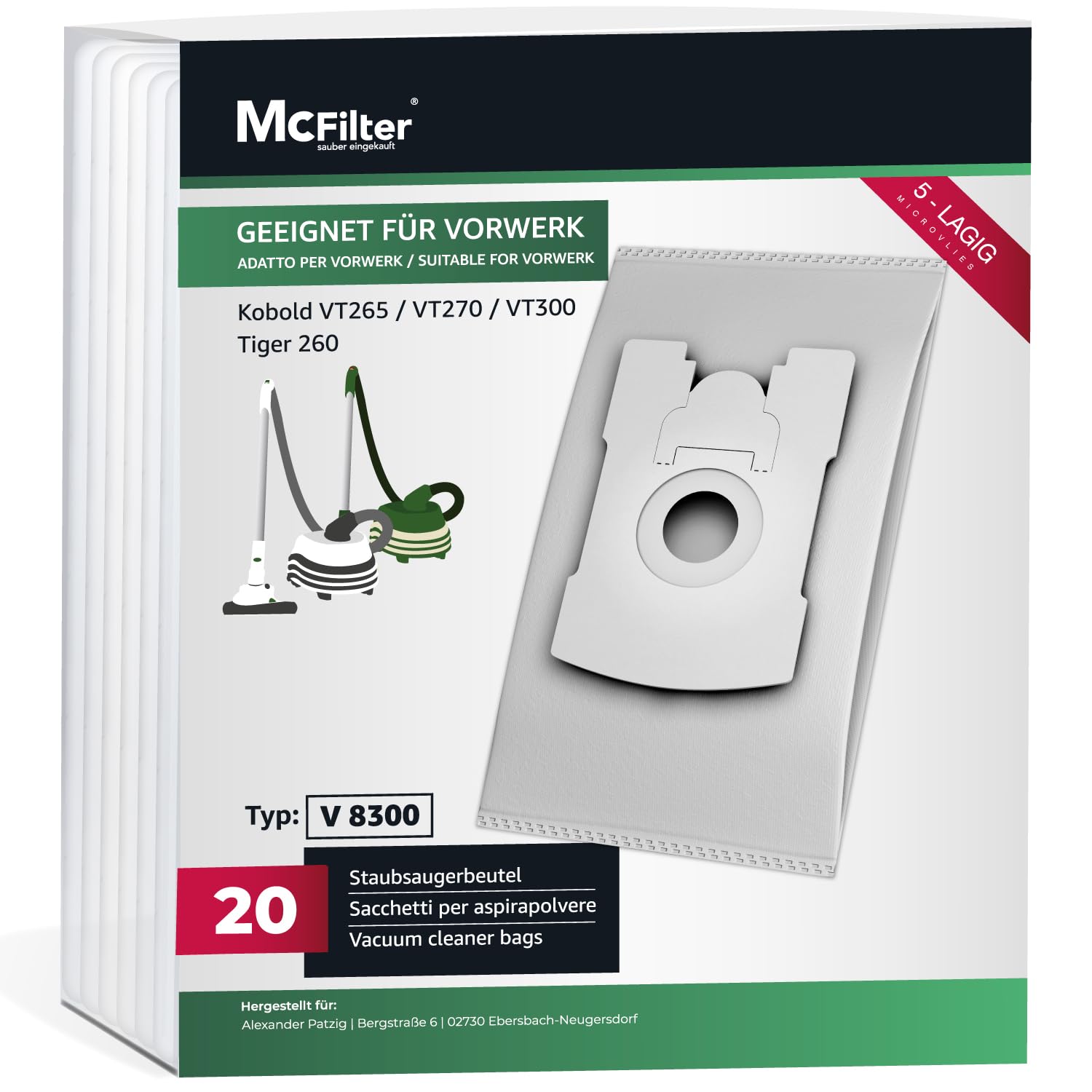 5 Sacchetti Per Aspirapolvere In Microfibra Per Folletto Vorwerk Tiger VT 260, 265, 270, 300 - Compatibili, Multistrato - 2