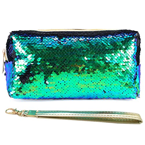 Preisvergleich Produktbild Uniuooi Glitzer-Kosmetiktasche, Meerjungfrauen-Spirale, wendbar, Pailletten tragbar, zweifarbig, für Studenten, Mäppchen für Mädchen und Damen, Make-up-Tasche mit abnehmbarem Griff(Grüne)