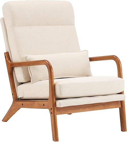 Miniatura 11 de SSLine Sillón tapizado moderno de tela de lino suave con almohada y marco de madera de roble, cómodo sofá individual con respaldo alto, silla de