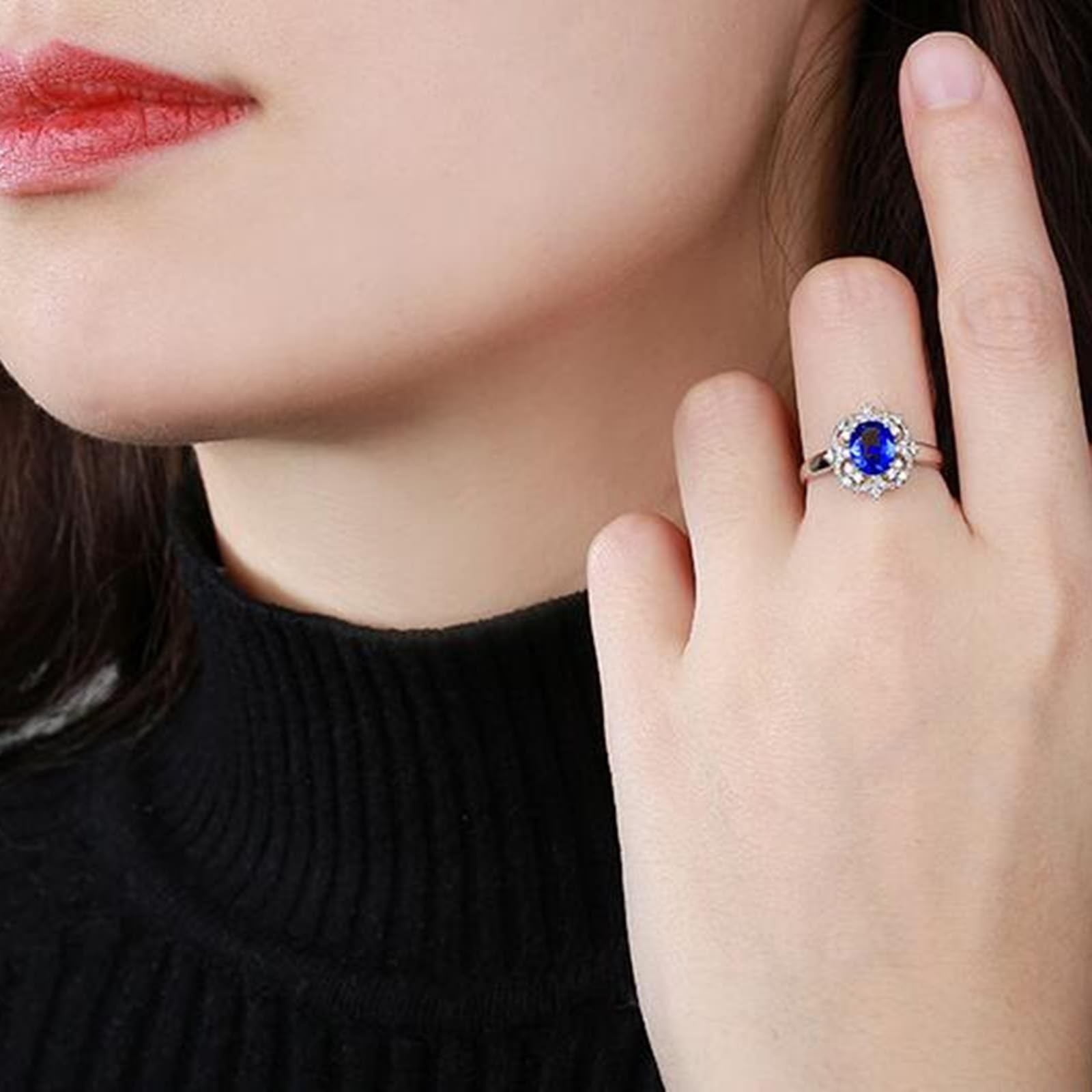 Anello celebrità in oro bianco 18 carati blu zaffiro ovale, fedi nuziali ovali a forma di fiore con zaffiro da 1,26 carati e diamanti anelli da donna misura 14 (17,2), 14 (17,2), metallo prezioso,