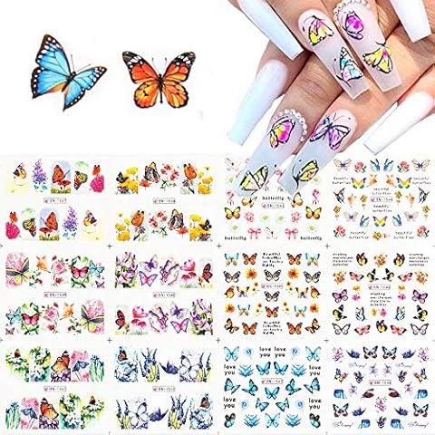 Butterfly Nail Art Stickers, 12 Sheets Water Transfer Butterfly Nail Decals Flowers Butterfly Designs DIY Colorful Manicure Tips Nail Art Decoration Cover