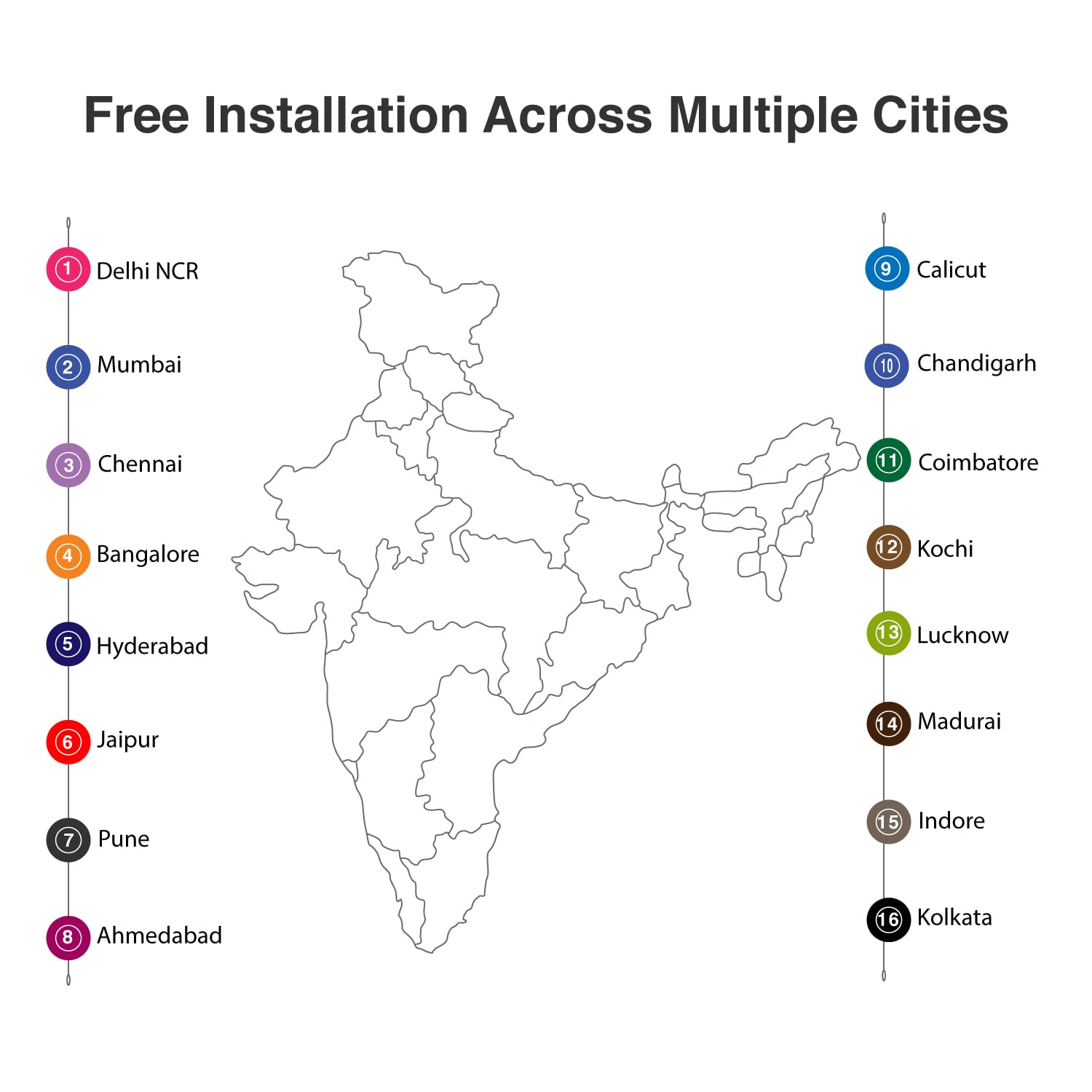 Map of India highlighting cities with free installation service for Dormakaba products.